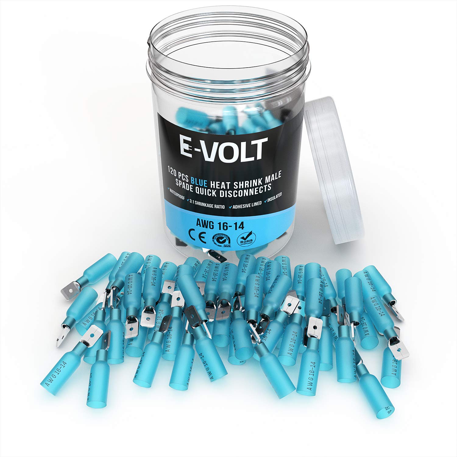 E-VOLT Male Spade Crimp Connector– 120 PC Blue Waterproof Wire Connectors with 3:1 Heat Shrink Ratio for 16-14 AWG– Quick Disconnect Industrial Grade Crimp Terminals for Marine, Audio and Automotive