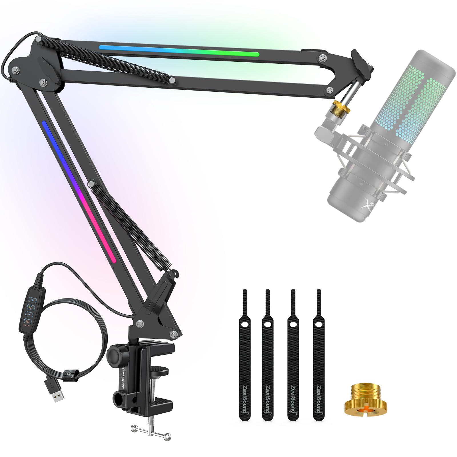 ZealSound Microphone Arm with Custom RGB Light – Adjustable Boom Scissor Desk Mic Stand w/Heavy-Duty Horizontal & Vertical Clamp, 3/8" to 5/8" Metal Adapter, for HyperX QuadCast, Blue Yeti, Snowball