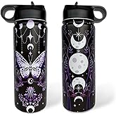Goth Tumbler with Straw and Lid Gift for Boys Girls Gothic Water Bottle Halloween Travel Kettle Cup for Car Cold and Hot Stainless Steel Double Wall Insulated Mug (butterfly moon, 18oz)