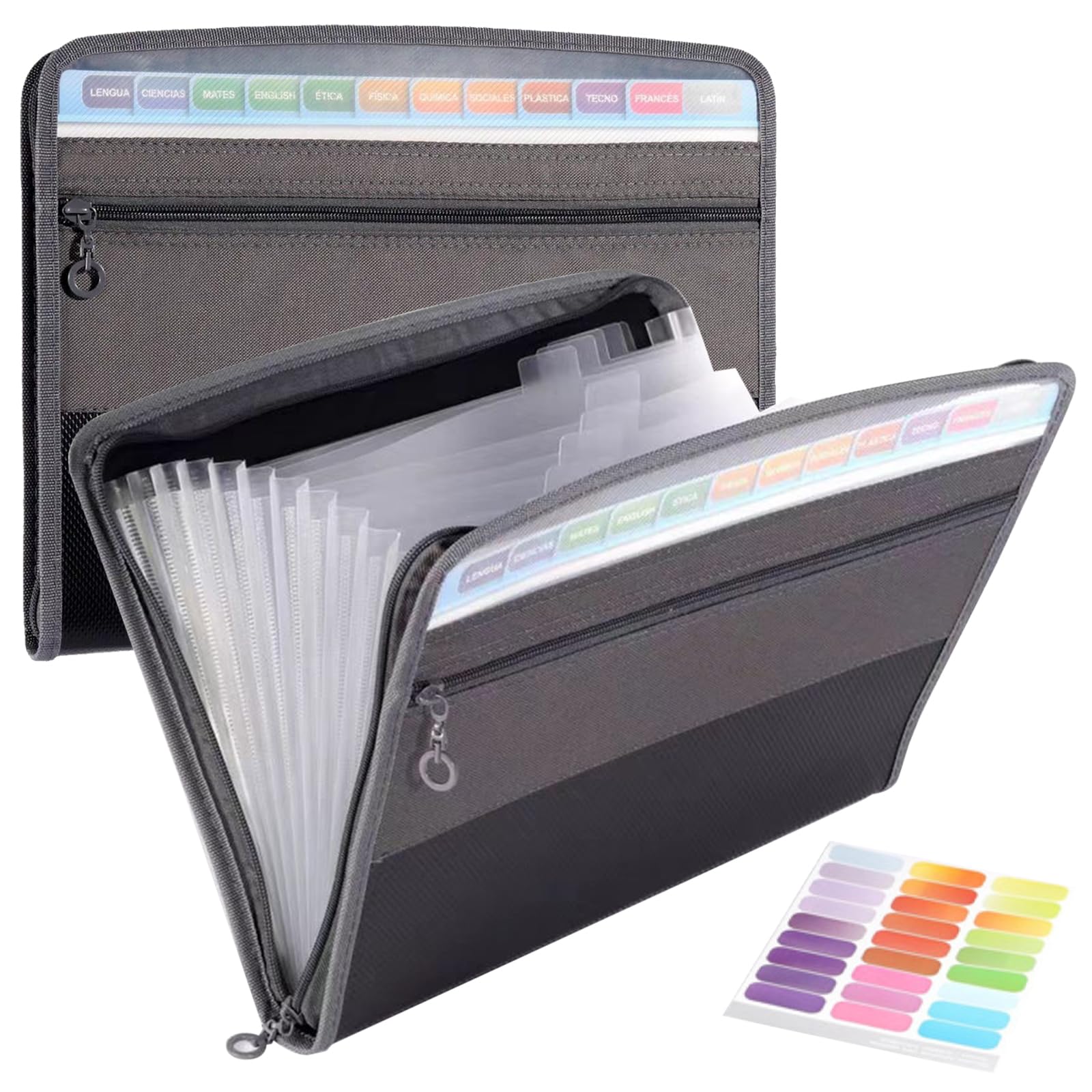 DITK-U 13 Pockets Expanding File Folder A4 Document Wallet Organizer with Zipper and Labels Portable Filing Box for Travel School Office Home - Black