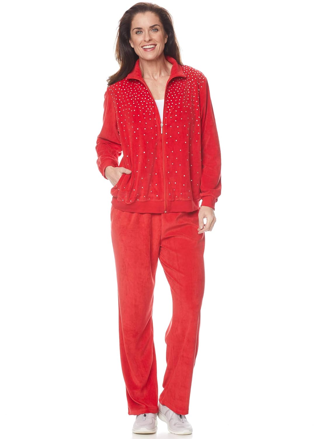 AmeriMark Womens Velour Pantset with Rhinstone Zip Jacket and Lounge Pants