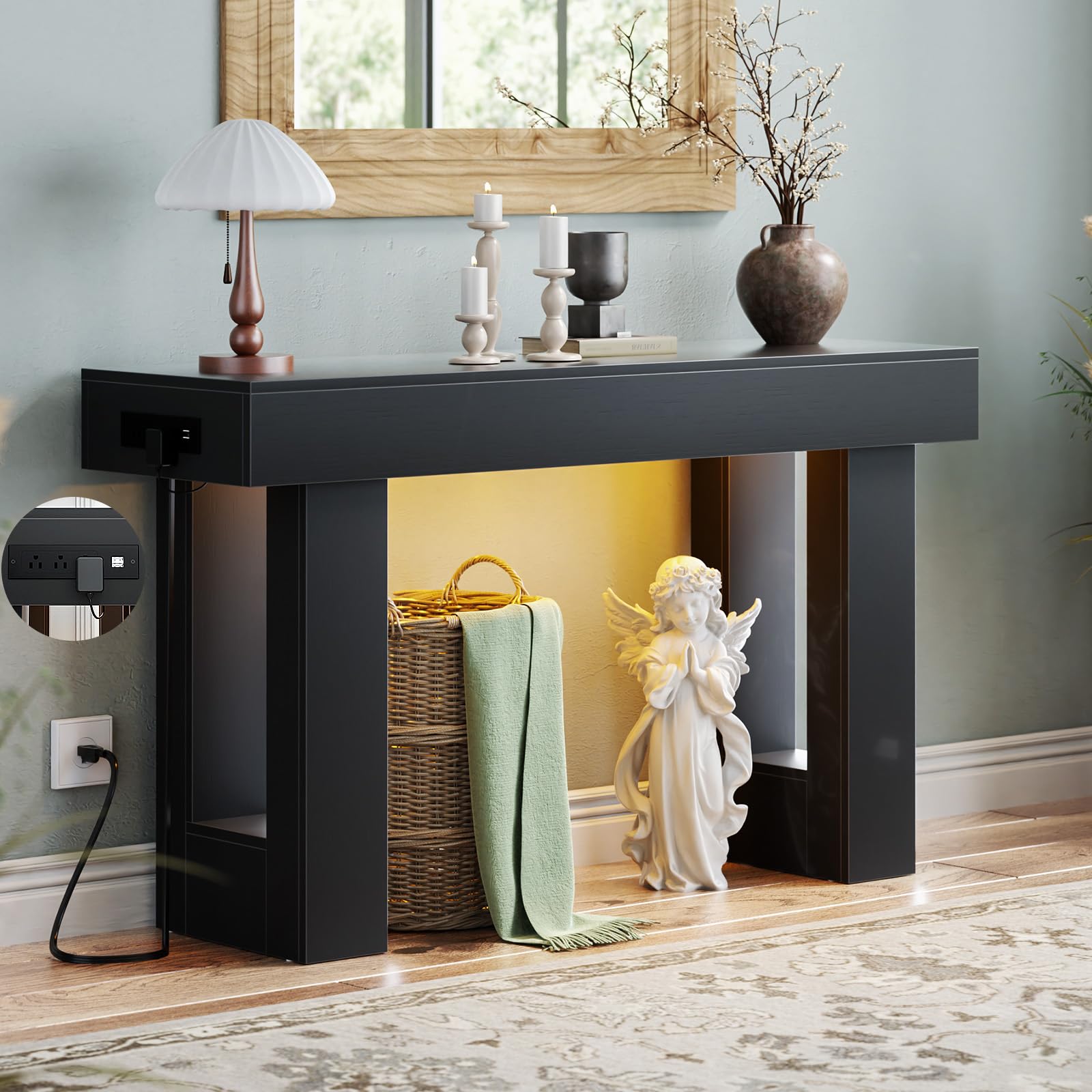 Unikito 47" Entryway Table with Socket and Sensor Light, Narrow Console Table with Storage Behind Couch, Farmhouse Entry Way Tables with Open Storage for Entrance/Hallway/Living Room, Black