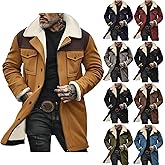 OTSANT Leather Jacket Men Vintage Western Suede Jacket Fleece Sherpa Long Coat Button down Faux Fur Winter Coat with Pockets