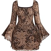 WDIRARA Women's Plus Size Floral Paisley Dress Vintage Square Neck Long Bell Sleeve Short Dresses