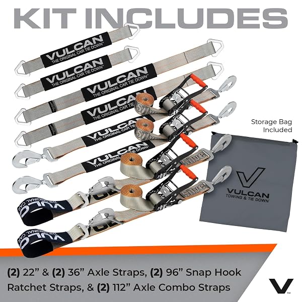 VULCAN ULTIMATE AXLE TIE DOWN KIT – SILVER SERIES WEBBING – INCLUDES (2) 22 INCH AND (2) 36 INCH AXLE STRAPS, (2) 96 INCH SNAP HOOK RATCHET STRAP, AND (2) 112 INCH LOOP TIE DOWN COMBINATIONS