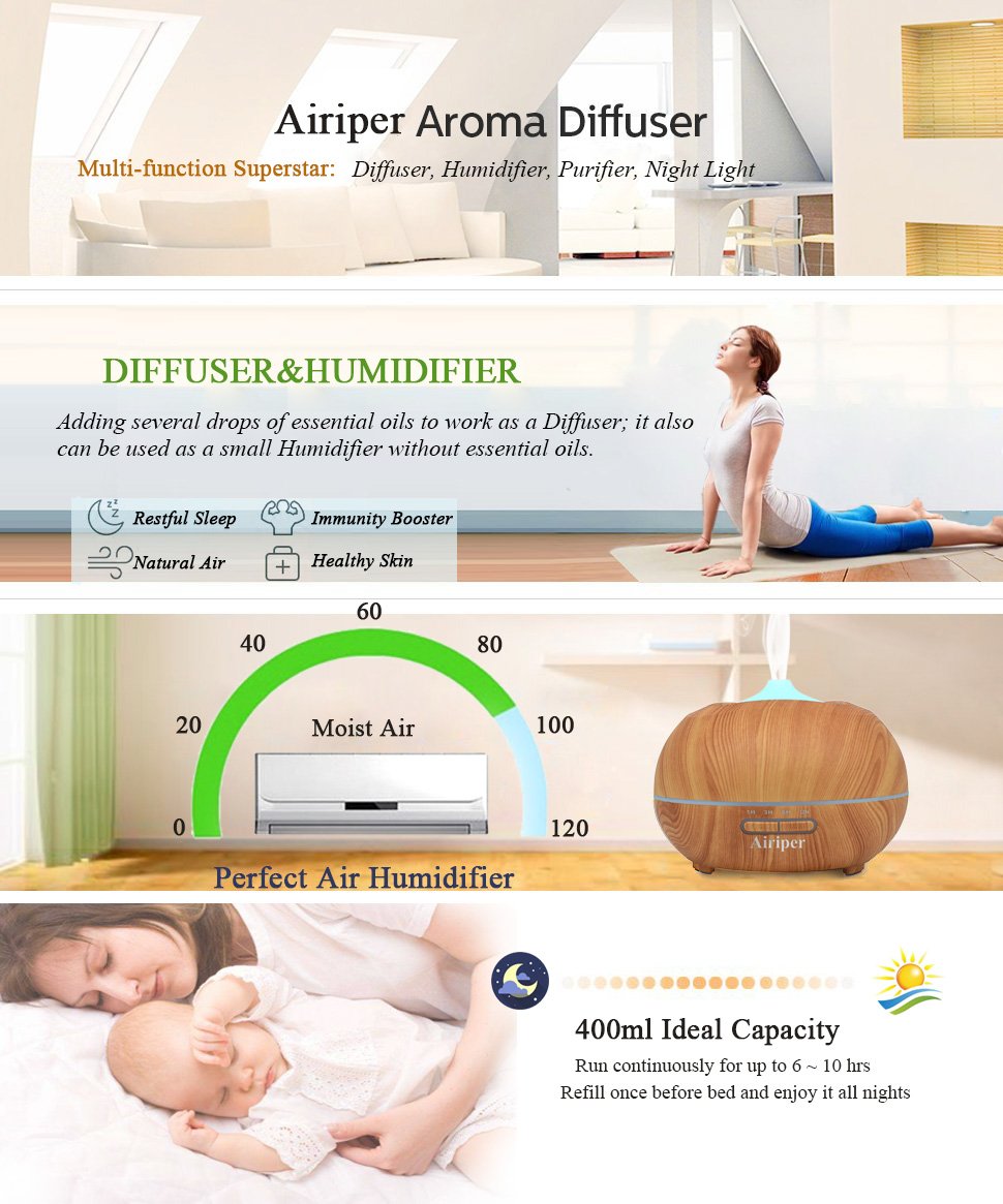 Airiper 400ml Aroma Essential Oil Diffuser, Portable Wood Grain Aromatherapy Humidifier Ultrasonic Cool Mist Air Purifiers w 7 Color LED Lights, 4 Timer Settings, Waterless Auto Shut-Off Features