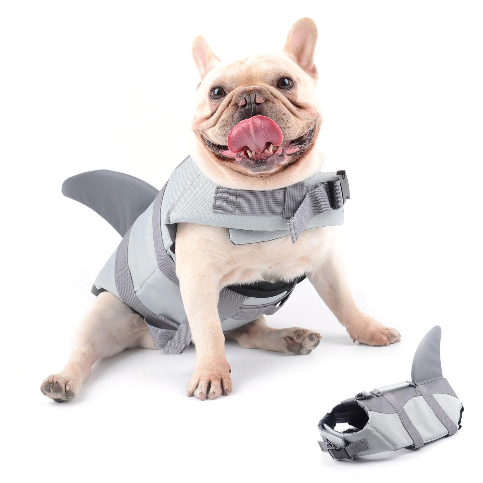 Hifrenchies Dog Life Jacket Shark Swimming Vest Dog Safety Swimsuit Floatation Life Vest for French Bulldog/Pug(M,Shark)
