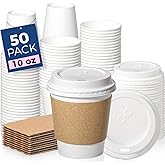 Fit Meal Prep 50 Pack 10 oz Disposable Coffee Cups with Lids, Sleeves, Leak-Proof To Go Coffee Cups with Lids, Durable Hot Paper Cups for Home, Office, Party, Business