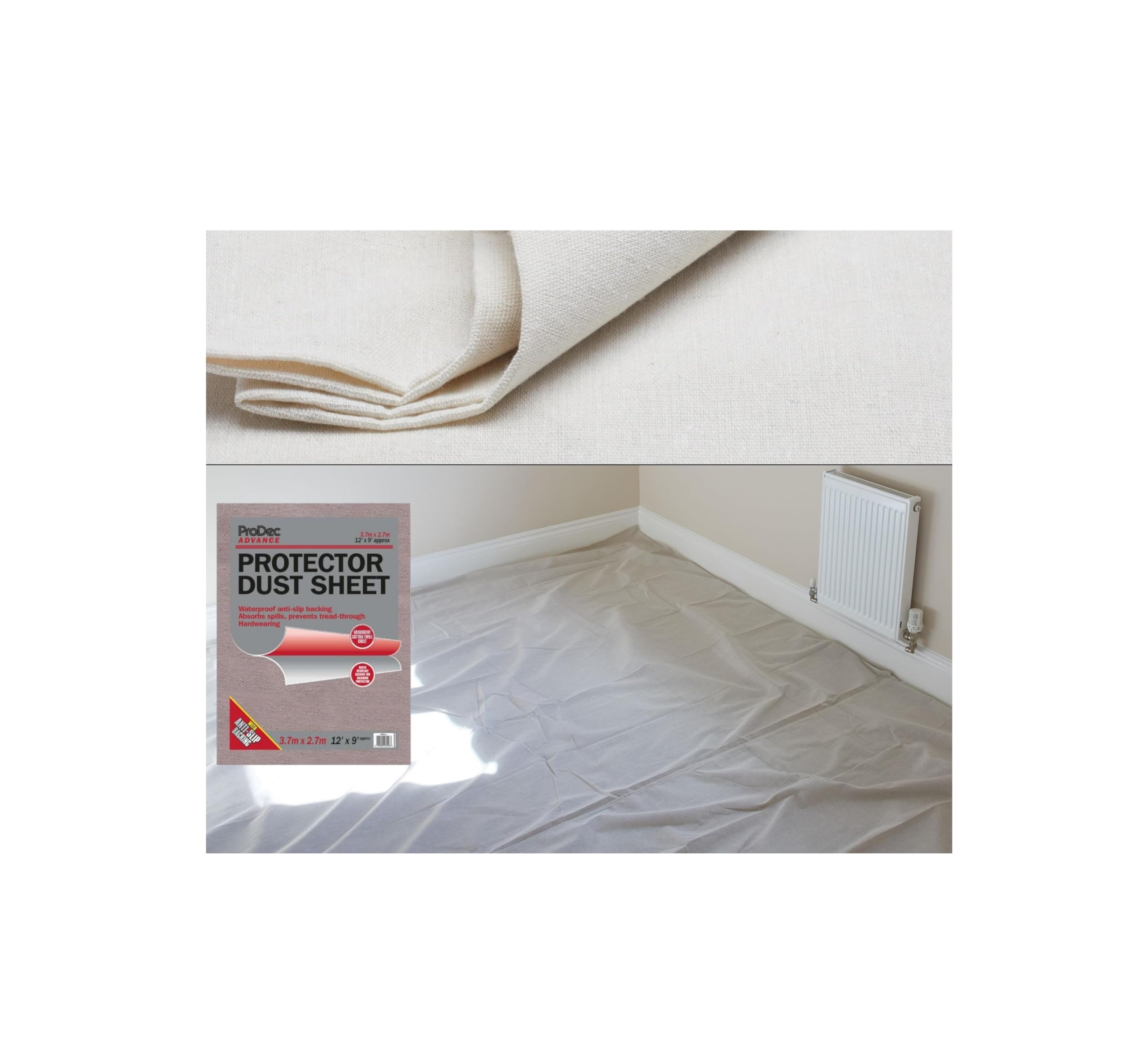 ProDec Advance 12ft x 9ft Water Resistant Protector Cotton Dust Sheet Drop Cloth For Painting Decorating Covering Floors & Furniture, Absorbs Spills, No Soak Through, DIY & Professional, Reusable