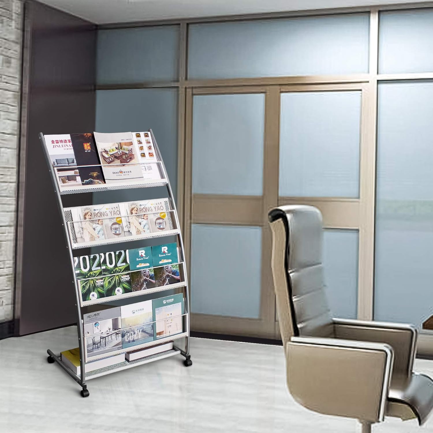 GBOLE Floor-Standing Magazine Rack, Brochure Display Stand with 4 Pockets for Trade Show Exhibitions Office Retail Store with casters Easy to Move Great Quality Easy to Assemble 44.1" H (Silver) : Office Products