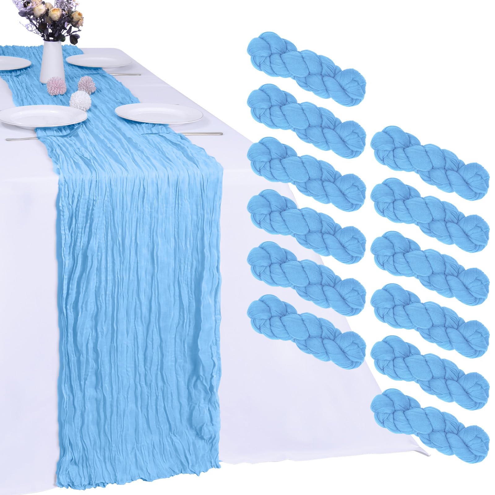 RestfulGlow 12 Pack Baby Blue Cheesecloth Table Runner 10FT Cheese Cloth Boho Gauze Fabric Table Runner 35 x 120 Inch Rustic Sheer for Easter Spring Holiday Wedding Baby Shower Party Decoration Image
