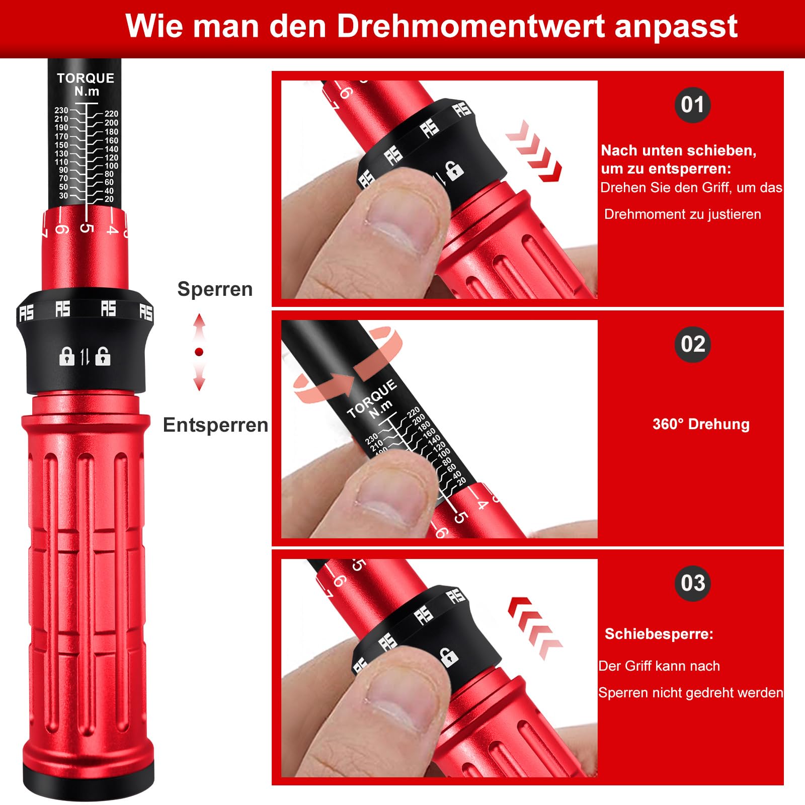 ATsafepro Drehmomentschlüssel 1/2",20-230Nm Drehmomentschlüssel auto mit 3/8" Adapter Verlängerungsstange,±3% Fehlergenauigkeit 72 Zähne torque wrench für die Reparatur von Auto, Motorrad, LKWs 5