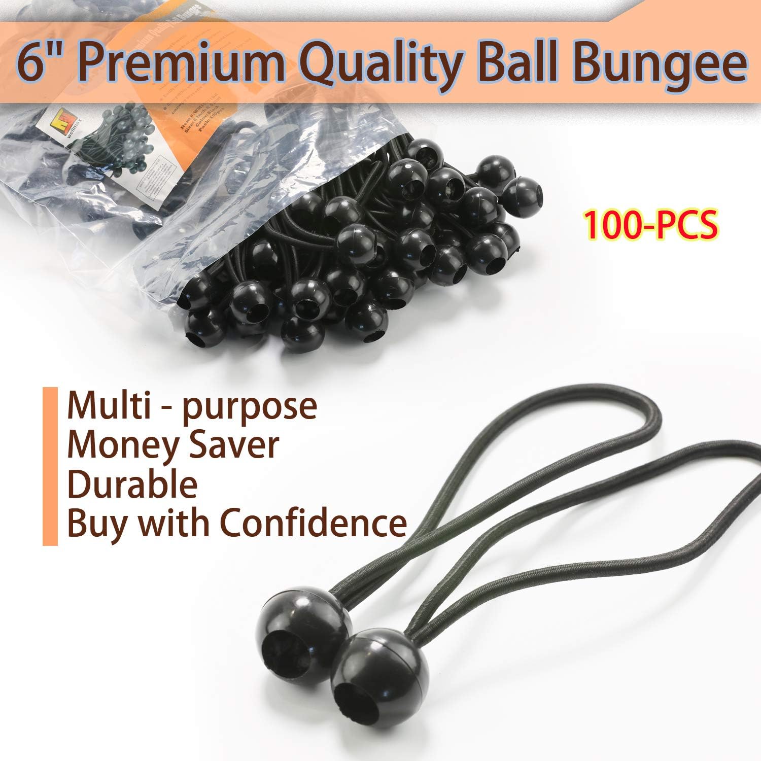 6 inch 100 Piece Heavy Duty 5mm Ball Bungee Canopy Cord By Wellmax, Black Color - - 