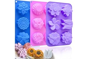 HKNMTT Soap Molds Silicone Flower Shapes 3-Pack, Chocolate Ice Cube Cake Candy Gelatina Rose Molds Bath Bomb Different Floral Molds, Homemade DIY Non-Stick Craft Food Grade Molds BPA Free Tray Molds