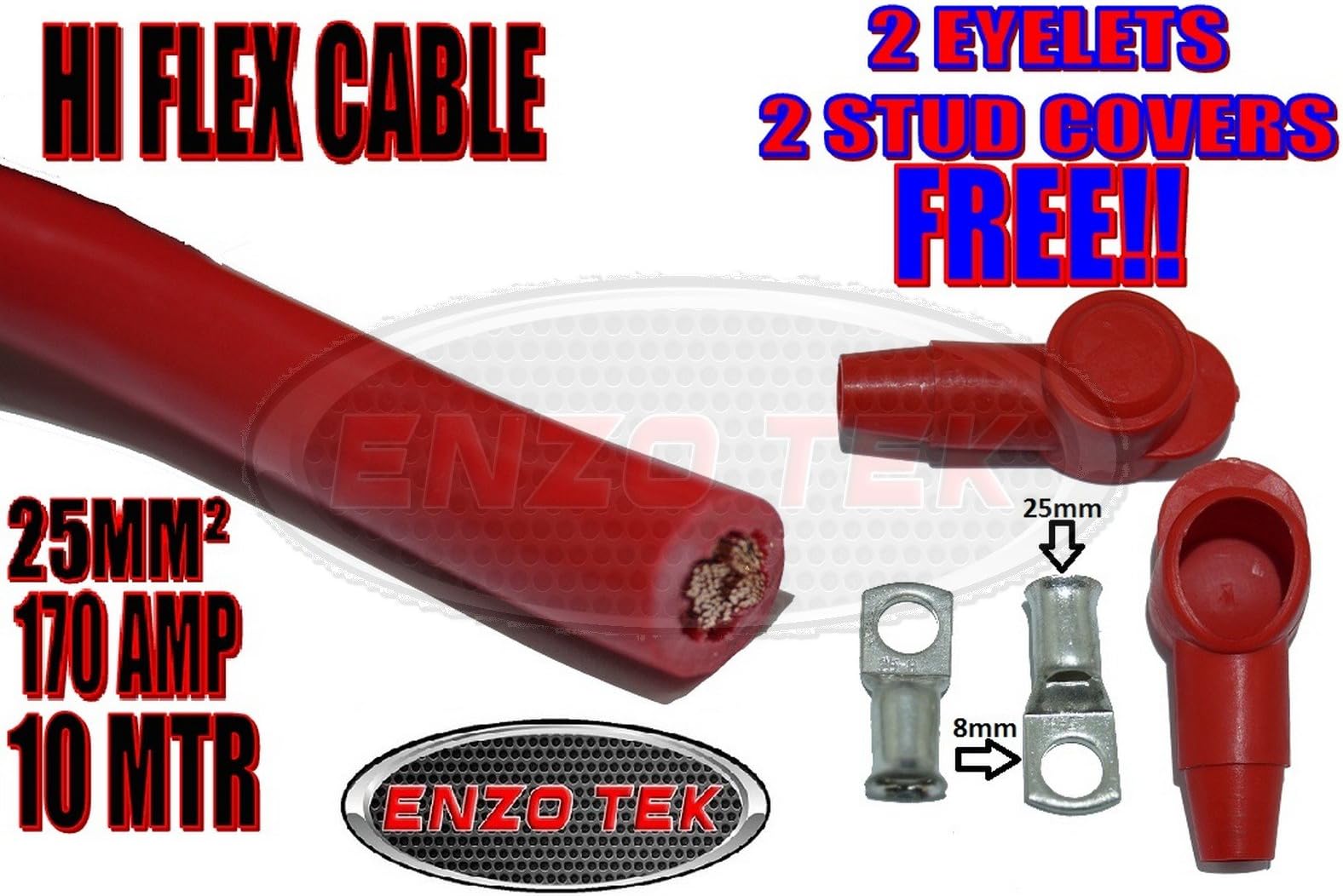 SUPERFLEX 10 METER 25MM2 170A AMP BATTERY WELDING STARTER CABLE ALTERNATOR AMPLIFIER AUTO MARINE BOAT KIT CAR VAN TRUCK WIRE CABLE 10 METERS MIG TIG RED POSITIVE LIVE