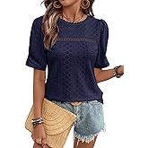 Dokotoo Women's Hollow Out Lace Crewneck Short Sleeve Tops Breathable Summer Casual Beach T-Shirt Vacation Blouses