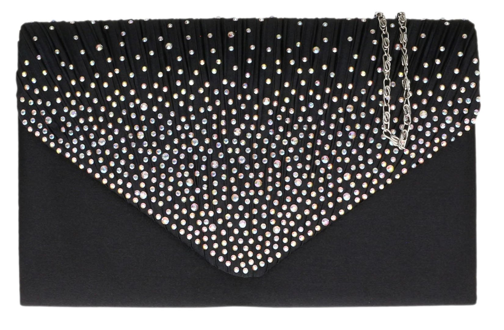 Girly Handbags Womens Pleated Satin Clutch Bag Diamante Shoulder Chain Prom Wedding Evening - Black