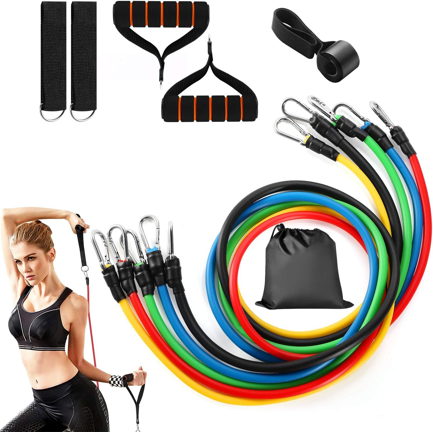 Moclever 11Pcs Resistance Bands Set Fitness Workout Tubes Exercise Tube Bands Up to 100lbs w/Door Anchor Handles Ankle Straps for Physical Training Yoga Pilates