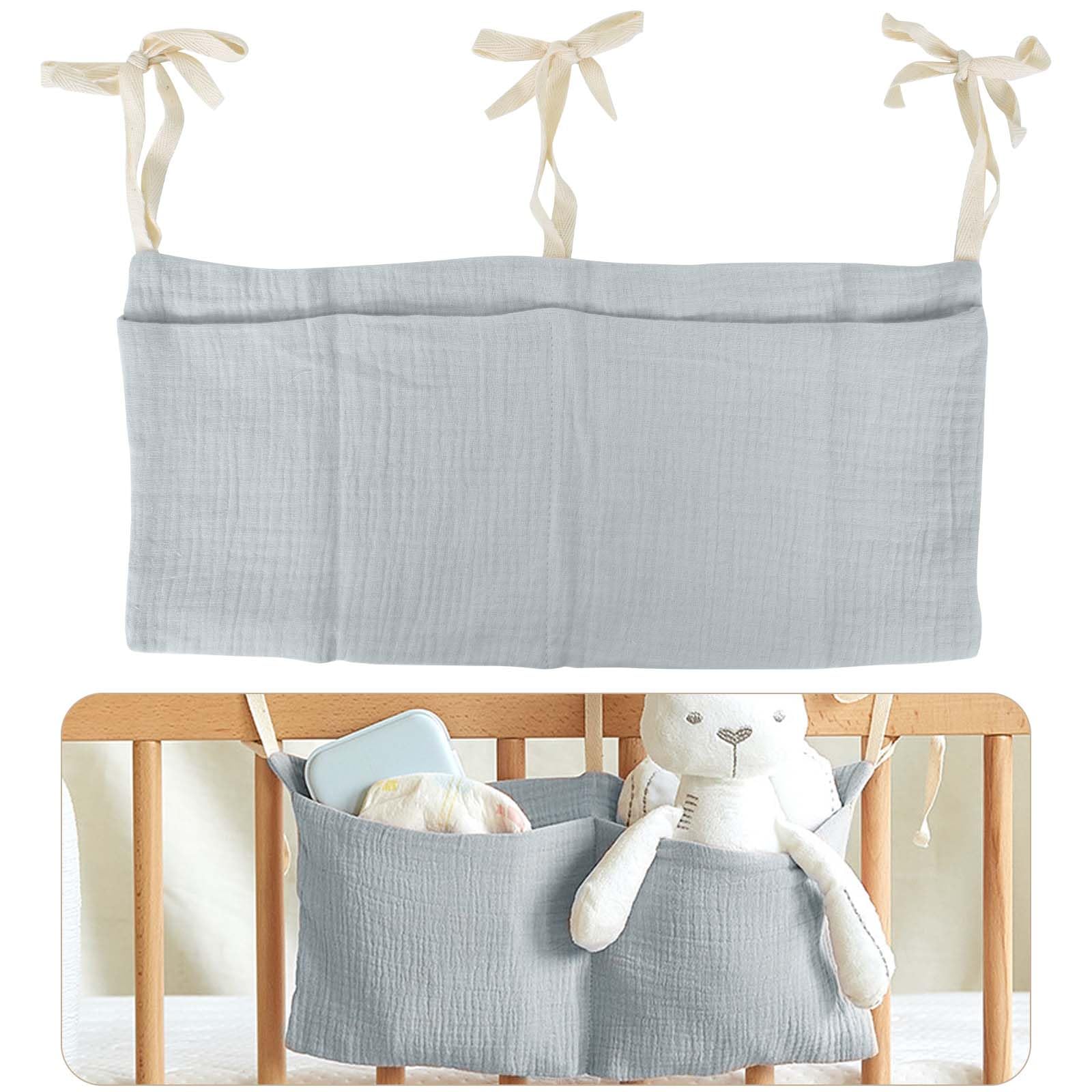 Naapesi Baby Crib Cabin Bedside, Crib Storage Pocket, Hanging Storage Bag, 100% Cotton, 2 Pockets Bedside Hanging, Diaper Nursery Organizer for Clothing Diapers Drool Bibs Molar Toys (grey)