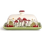 Fungi Fun Ceramic Butter Dish with Lids - Mushroom Butter Containers, White | Durable Stoneware, Snug Lid, Dishwasher-Safe, Vintage Design, Gift-Ready Packaging, Enchanted Forest Theme