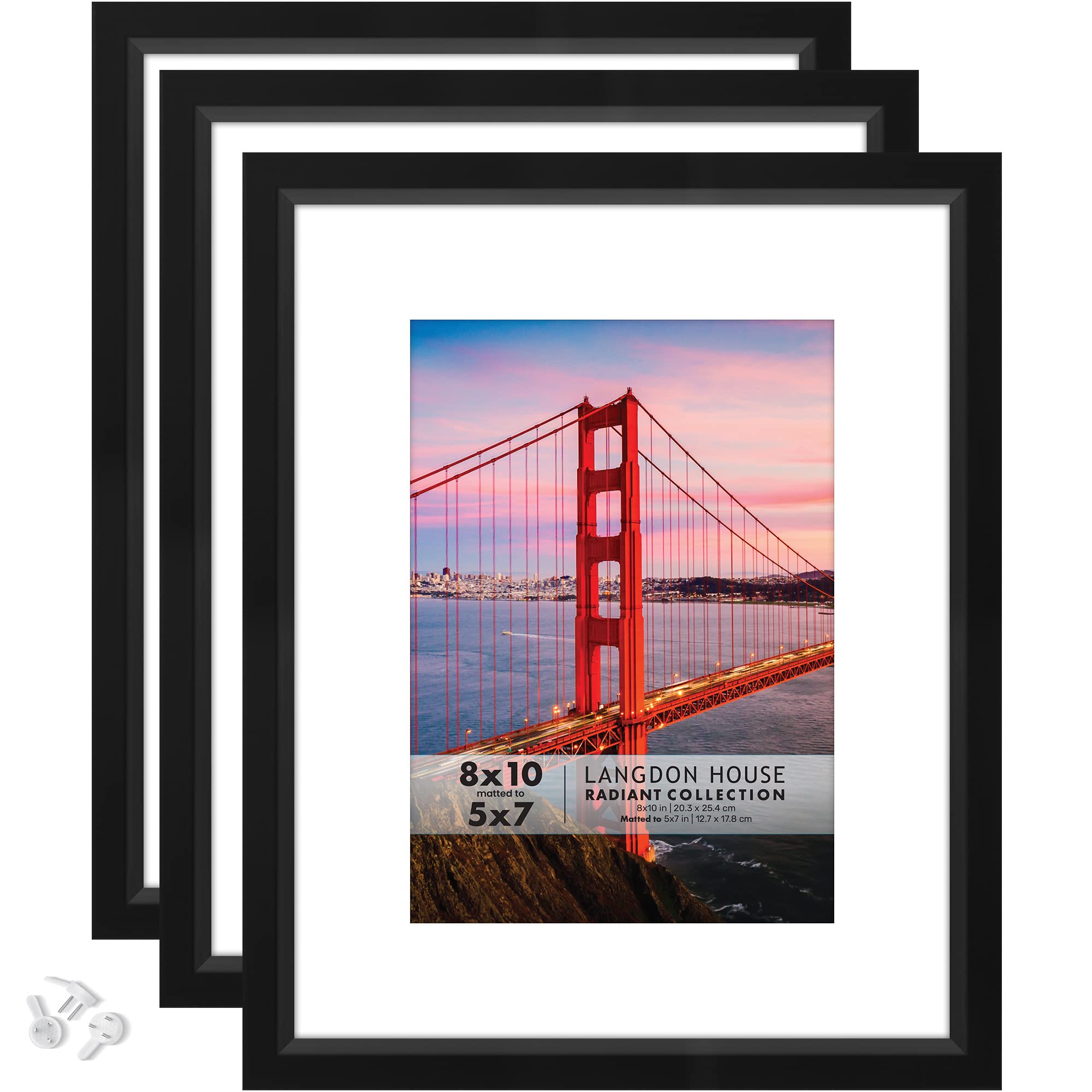 Langdon House 10x8 Picture Frames w/Mat to 7x5 (Black, 3 Pack), Modern w/Bevelled Accent, Tabletop Easel and Wall Hanging Hooks Included, Radiant Collection