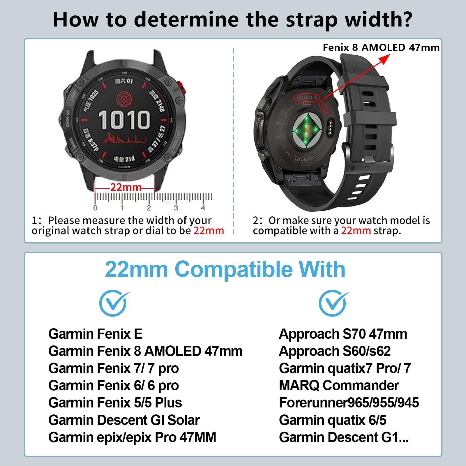 ZPJPPLX 22mm Quick-Fit Silicone Band Compatible with Garmin Fenix 8 AMOLED 47mm/7 Pro/7/6 Pro/6/5 Plus/5, Sport Replacement Straps For Fenix E/Forerunner 965/955/945/Approach S70 47mm/quatix 7 Pro
