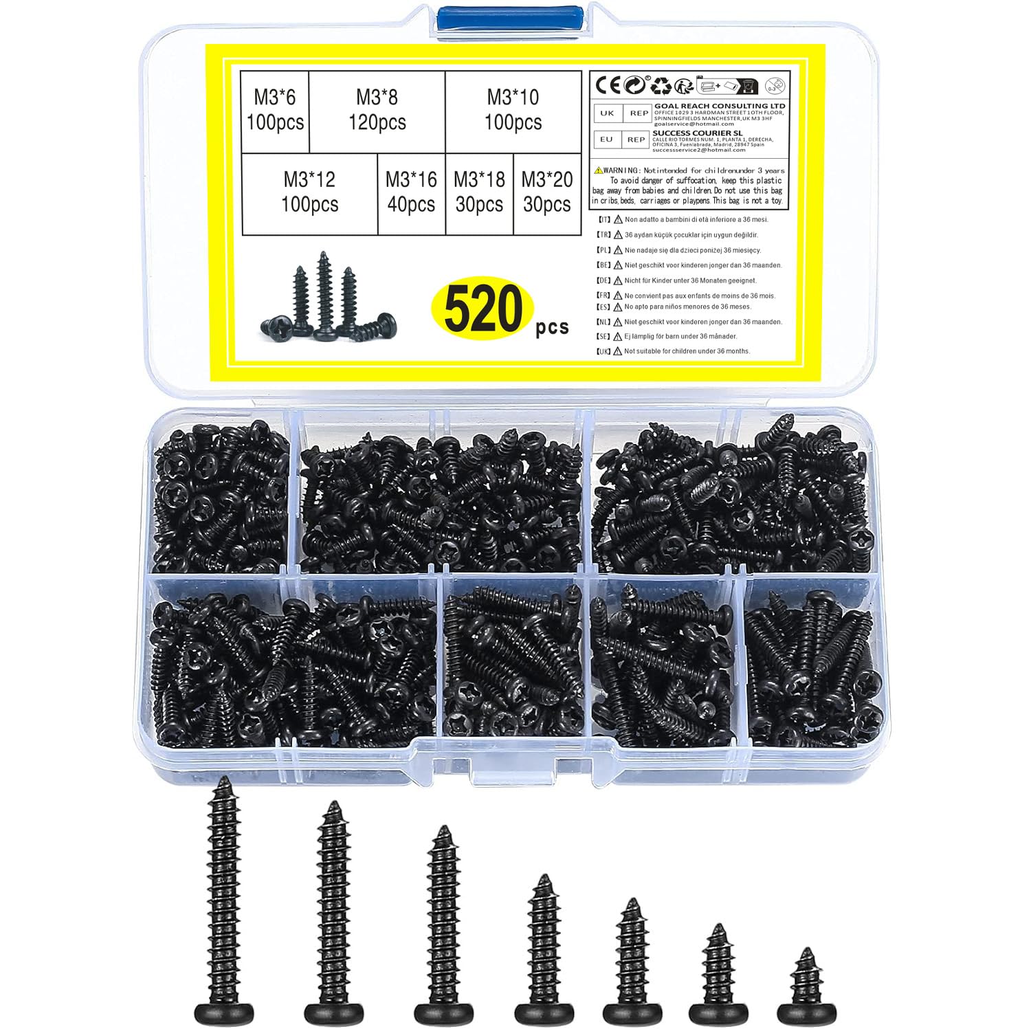 520 Pcs Cross Head Self Tapping Screws, M3 Round Head Self Drilling Wood Screws Assortment Kit, Black Carbon Steel Pan Head Screws for Plastic Wood Soft Metal