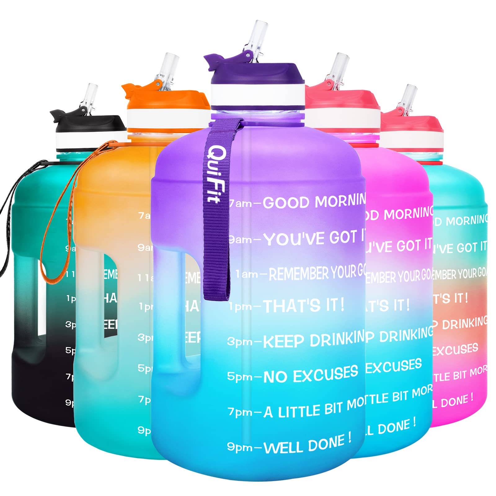 QuiFit 3.78 Litre Motivational Water Bottle - with Straw & Time Marker,Wide Mouth,BPA Free,Reusable,Ideal for Gym,Outdoor Sport,Home & Office (Purple/Blue Gradient, 3.78 Liter)
