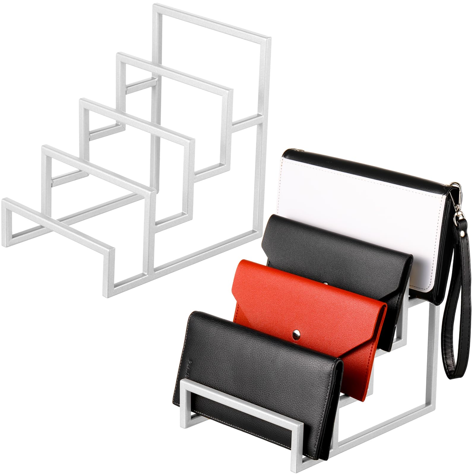 Photo 1 of *USED*
DoubleFill 2 Pack Purse Organizer for Closet Display 4 Layer Sliver Riser Stand Clutch Purse Organizer Display Metal Wallet Rack for Handbag Home Retail Boutique Store Supplies