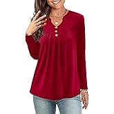 Ivicoer Womens Tops Henley V Neck Pleated Casual Blouses Long Sleeve Shirts Button Up Tunic