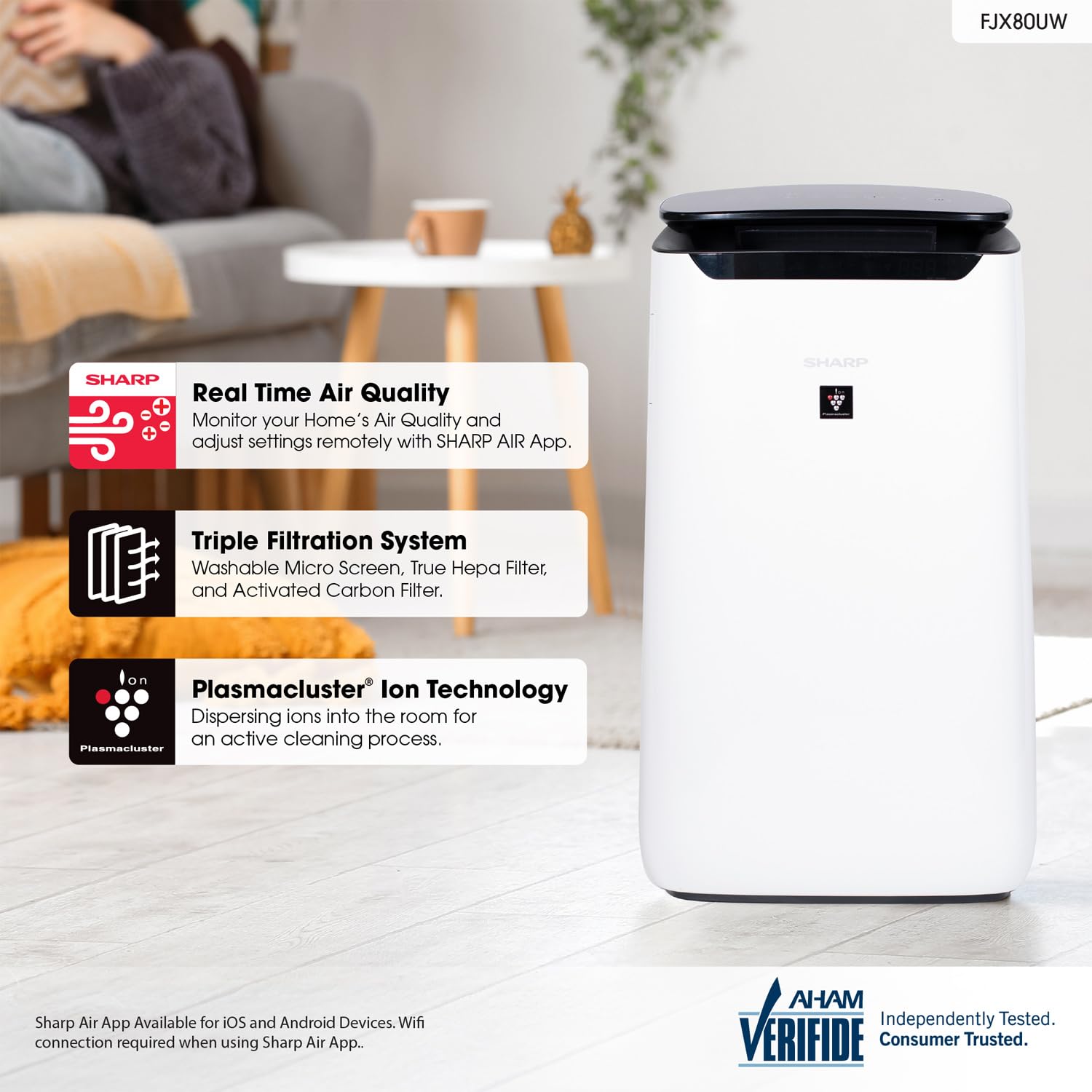 SHARP Smart Air Purifier Compatible w/Alexa. Plasmacluster Ion Technology and Triple Filtration, including True HEPA Filter. Covers up to 2,430 sq ft for XL Rooms, for Dust, Smoke & Pollen. FXJ80UW