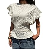 Floerns Women's Casual Ruffle Sleeve Blouse Top Crew Neck Shirred Going Out Tops