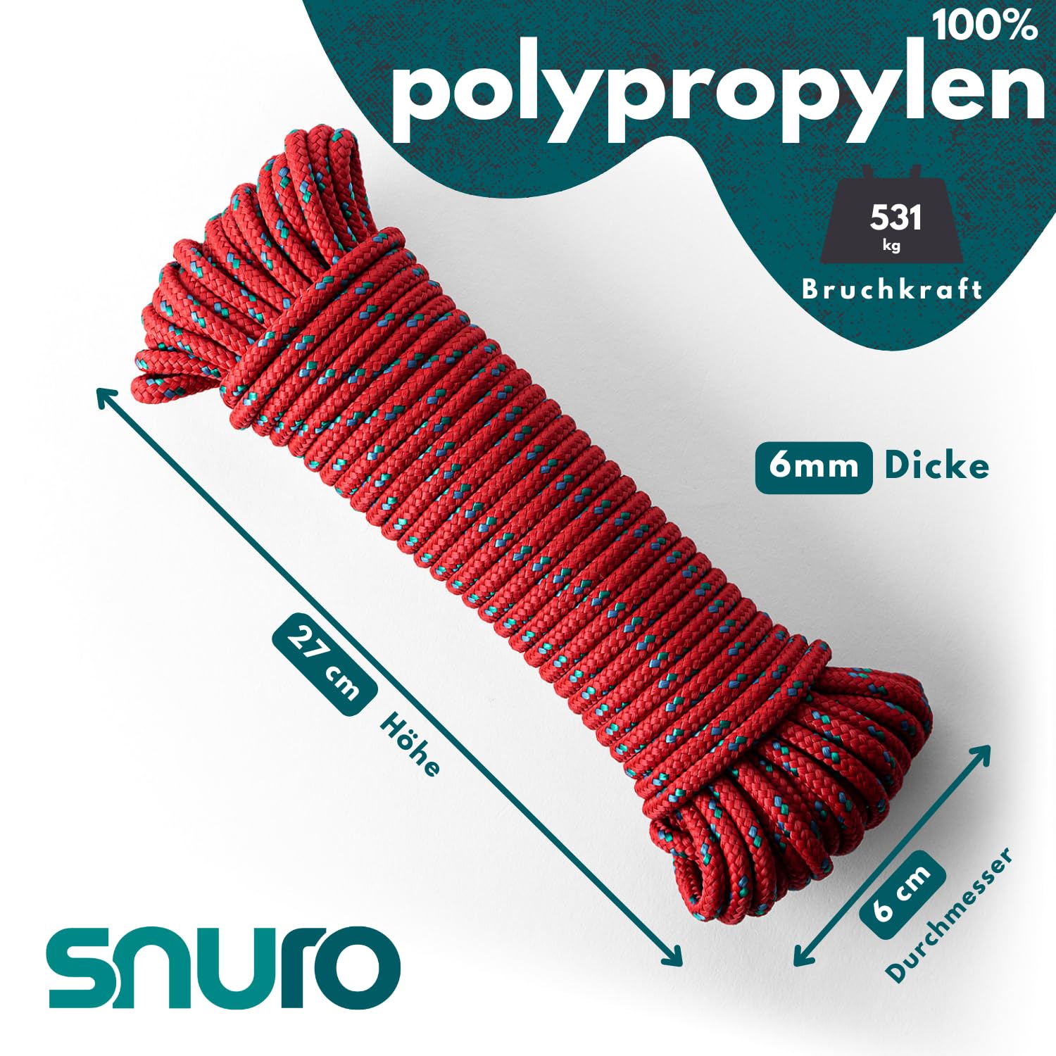 SNURO Polypropylenseil (6mm, 20M, rot mit blau und grün) - Leichtes, vielseitiges geflochtenes Seil für den Außenbereich, zum Überleben und für den Garten - Nicht zum Klettern! - Bruchlast 531kg 2
