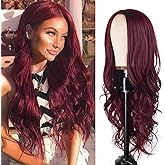 T-color Long Wine Red Wavy Wig for Women 26 Inch Middle Part Curly Wavy Wig Natural Looking Synthetic Heat Resistant Fiber Wig for Daily Wear, Party, Cosplay