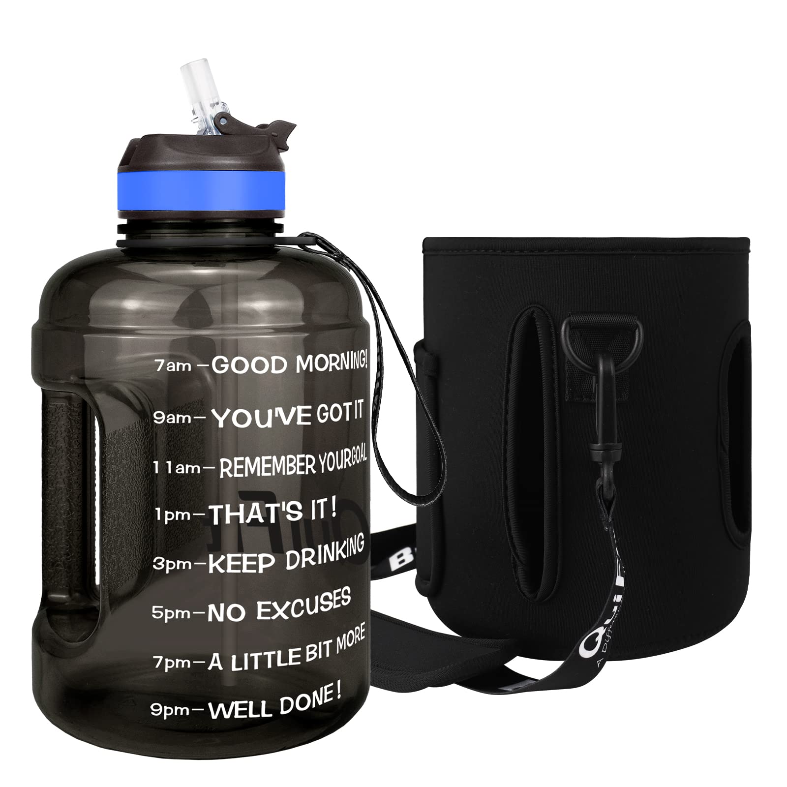 QuiFit 3.78/2.2 Litre Motivational Water Bottle - with Straw & Time Marker,Wide Mouth,BPA Free,Reusable,Ideal for Gym,Outdoor Sport,Home & Office (Black with Sleeve, 2.2 Liter)