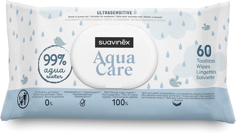, Pack 60 Toallitas Bebé Aqua Care, Húmedas 99% Agua