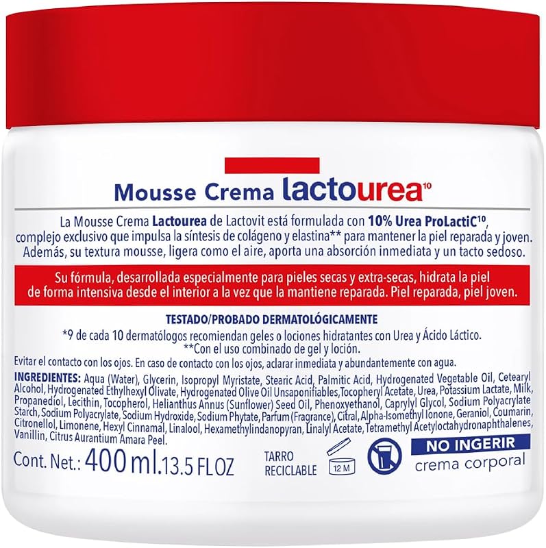 - Mousse Crème Idratante Lactourea per Corpo e Viso 24 ore Durata, per pelli secche e molto secche - 400 ml