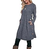 OFEEFAN Long Sleeve Winter Dress for Women Crewneck Dresses for Women 2025 Casual Blue L