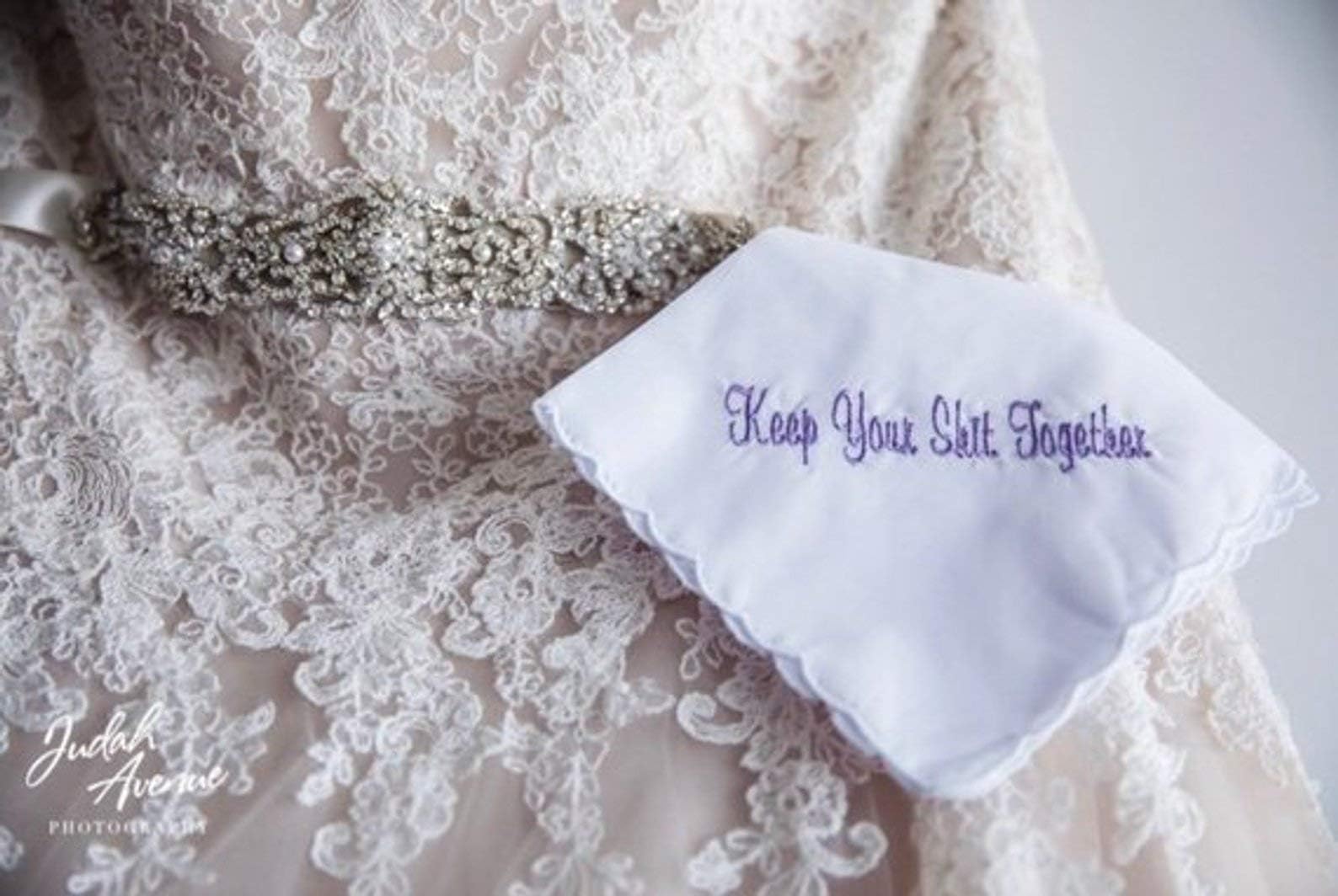 Keep Your Shit Together White Scalloped Edge Handkerchief Embroidered 12in x 12in 100% cotton
