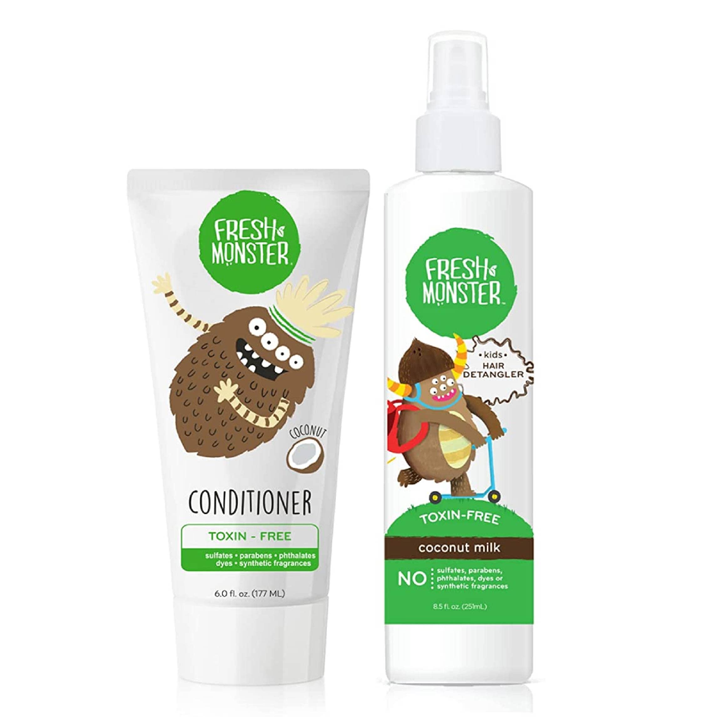Photo 1 of Fresh Monster Kids Hair Detangling Bundle | 8.5 oz Detangler & 6 oz Conditioner | No Toxins | Hypoallergenic | Natural Conditioner | Detangling Spray | Coconut