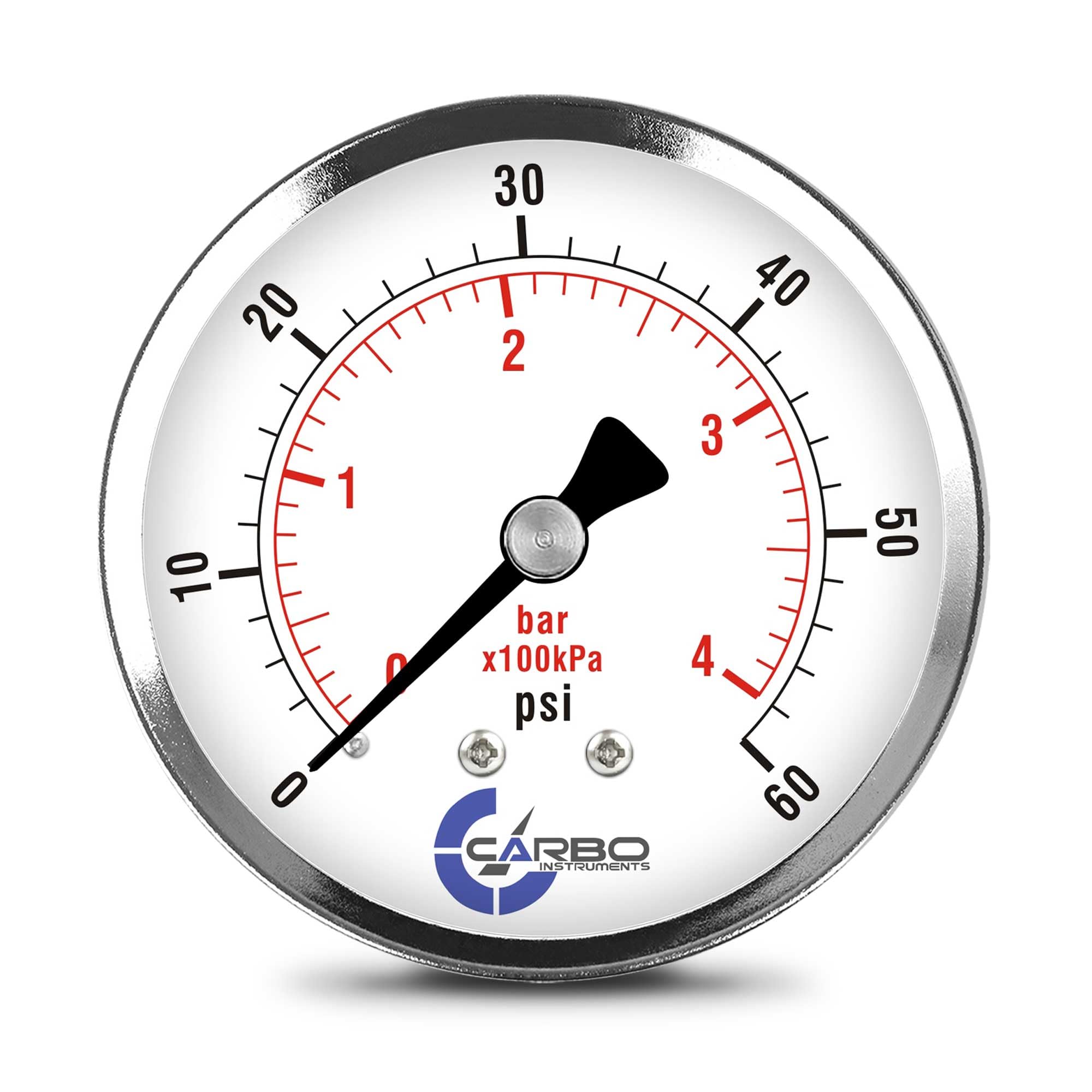 CARBO Instruments 2-1/2" Pressure Gauge, Chrome Plated Steel Case, Dry, 0-60 psi/kPa, Back Mount 1/4" NPT