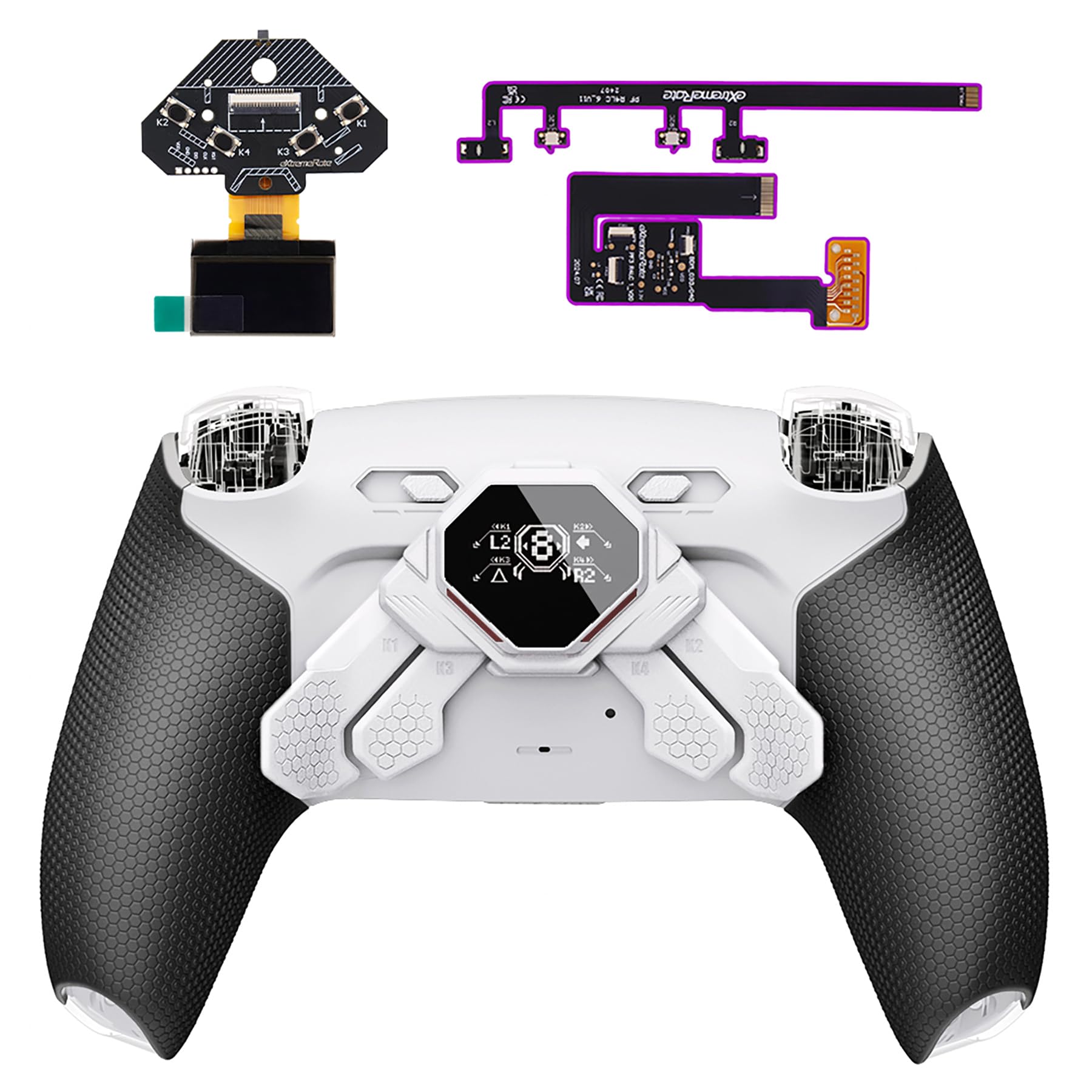 eXtremeRate SPARK Back Paddles Kit for PS5 Controller BDM-010 BDM-020, OLED Display + Clicky Trigger Stops + Ergonomic Rubberized Grips Remappable 4 Back Buttons Set for PS5 Controller - White & Black