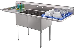 KoolMore 84 in. 18-Gauge 2-Compartment Commercial Sink with Backsplash and 24 in. Dual Drainboards, Bowl dimensions 18"x24"x14" in Stainless-Steel (KM-SB182414-24B3)