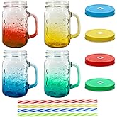 eispap 16 oz Glass Mason Jars with Handles Set Of 4 Colored gradient Embossed and Metal Lids and Hard Plastic Straws Drinking Glasses Cups Mug Set for Iced Coffee, Tea