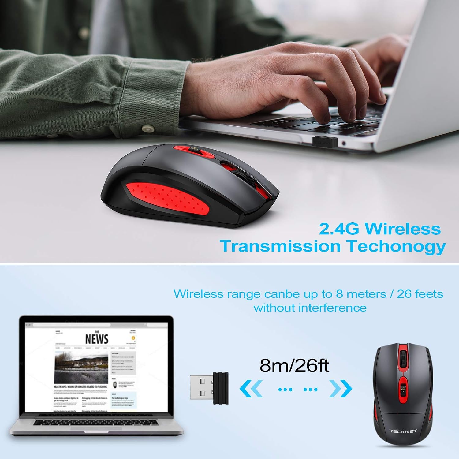 TECKNET Wireless Mouse, 2.4G USB PC Laptop Computer Cordless Mice with ...
