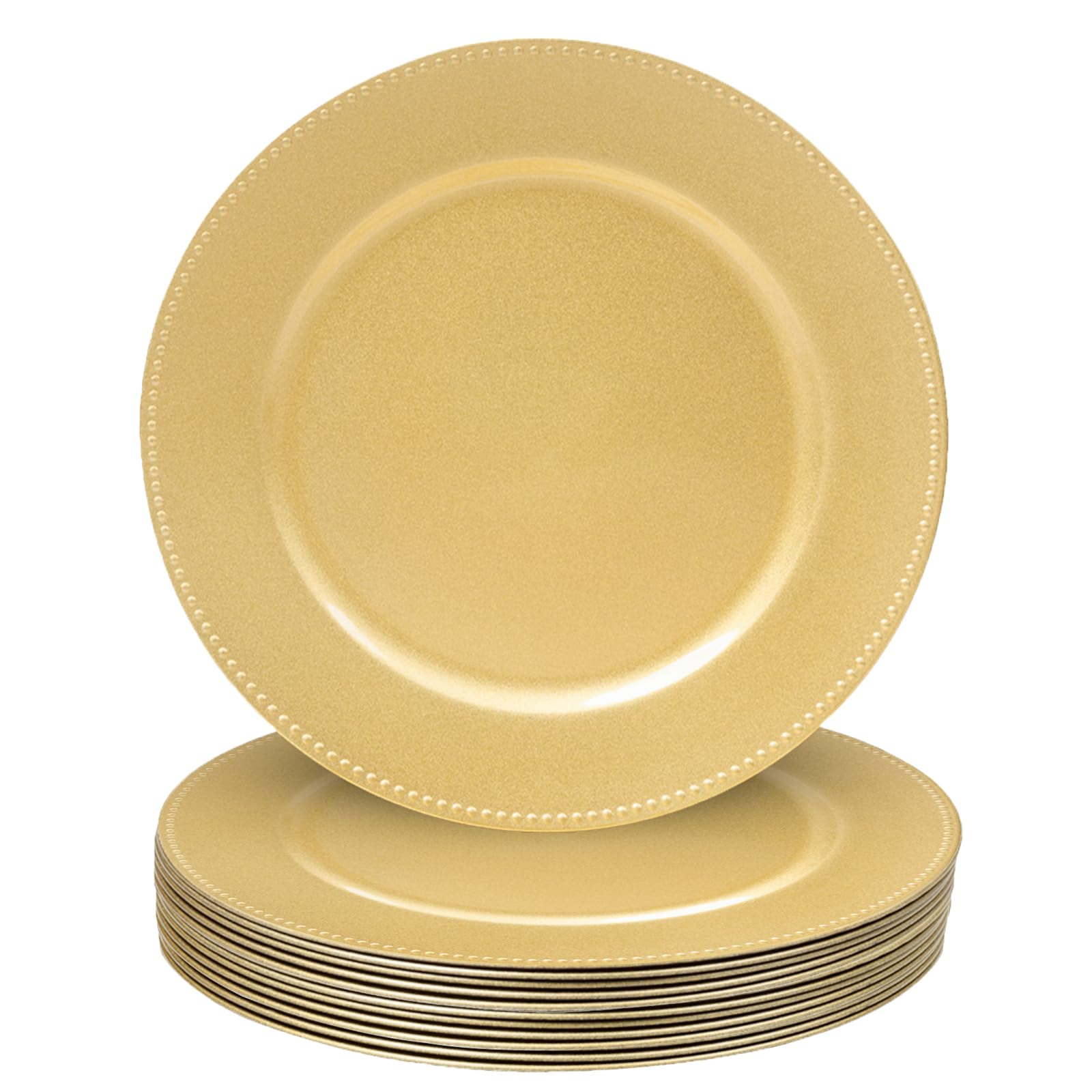 Photo 1 of MAONAME 13" Gold Charger Plates Set of 12, Round Charger for Dinner Plates, Plate Chargers with Beaded Rim, Plastic Table Chargers for Wedding, Party