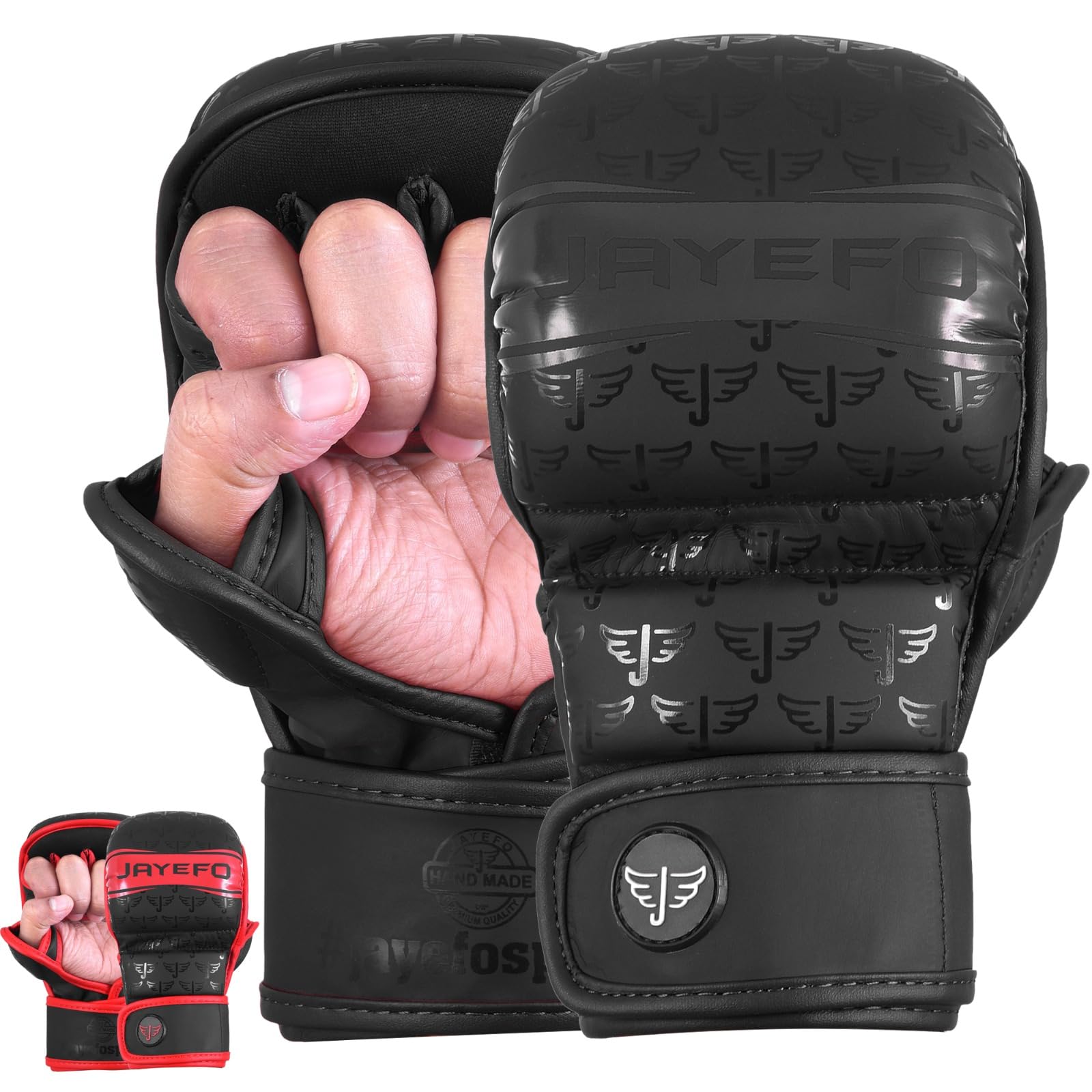 Jayefo MMA Gloves | Open Palm Sparring & Grappling Mitts | Martial Arts for Men & Women | Wrist Support | Combat Sports: MMA, Boxing, Muay Thai, Kickboxing (Black, L-XL)
