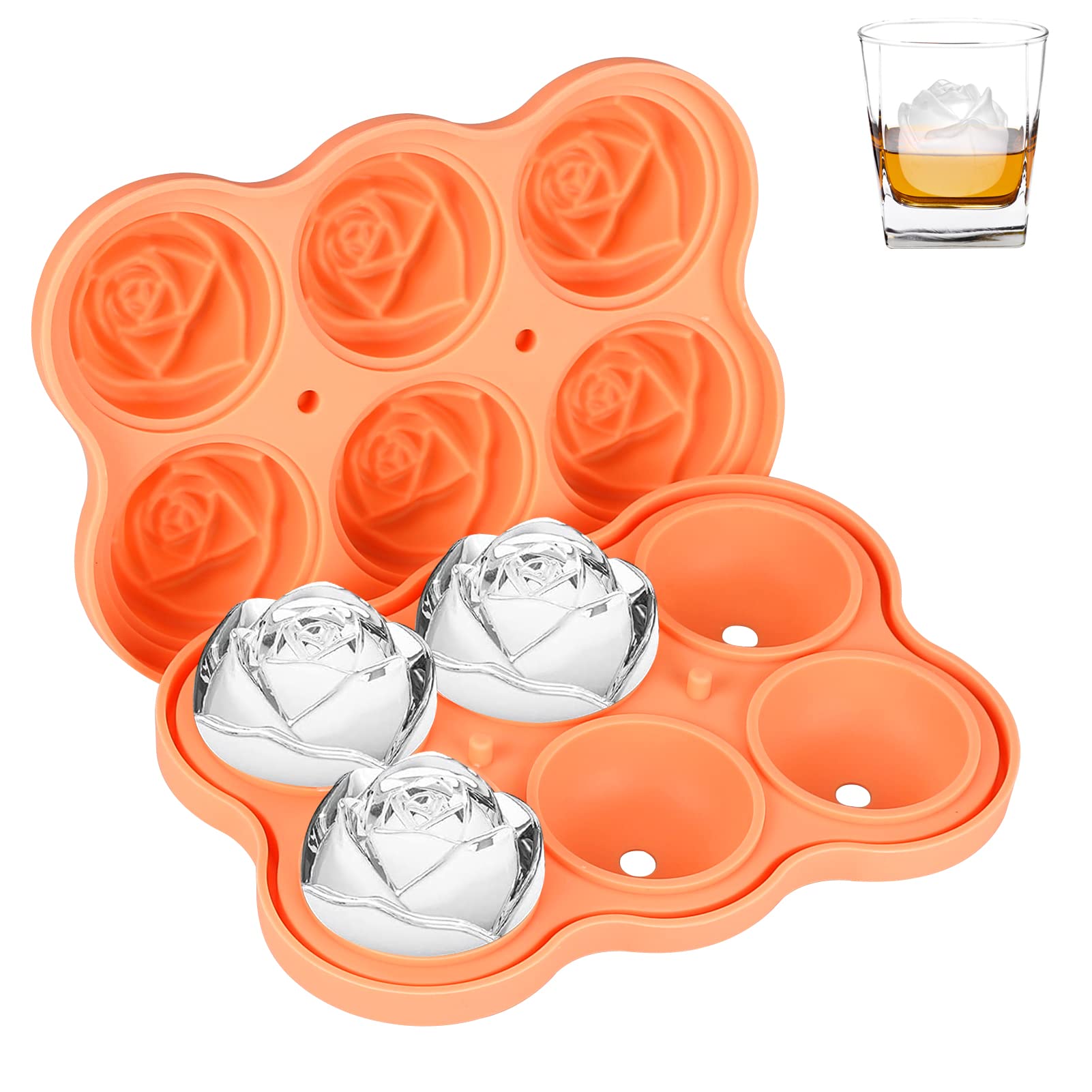 Ice Cube Molds Trays KANGRUI 6 Cavity Silicone Rose Ice Ball Maker Easy Release Large Ice Cube Form for Chilled Cocktails Whiskey Bourbon & Homemade Juice (Orange)