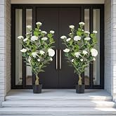 2‑Pack 3FT White Artificial Potted Camellia Tree Home Decor | Realistic Potted Flower Trees for Covered Outdoors &amp; Porch, Perfect Housewarming Gift for Christmas &amp; Wedding-Themed