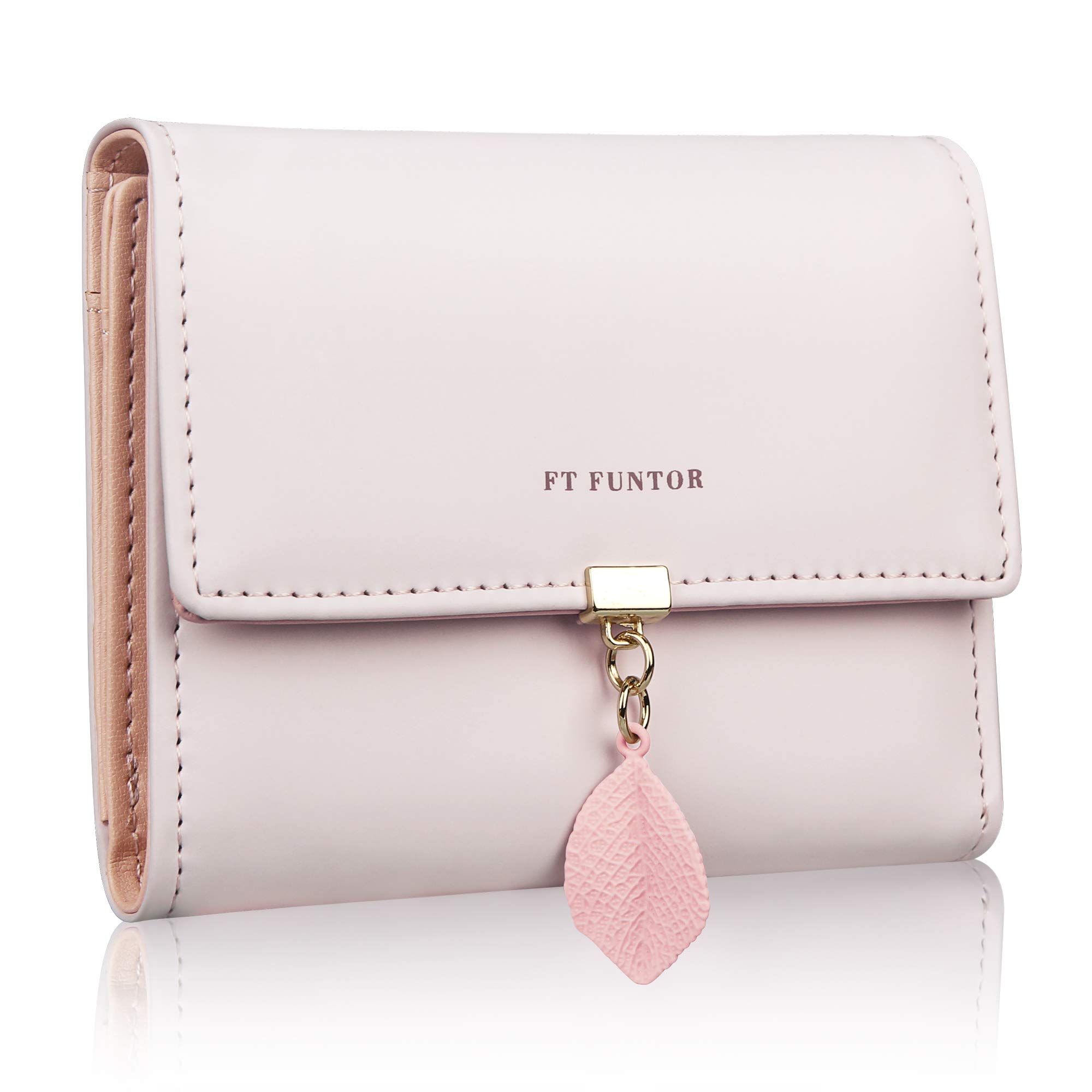 FT FUNTOR PU Leather Wallet for Women RFID-Blocking, Ladies Bifold Leaf Pendant Coin Zipper Small Purse with 5 Card Slots and 1 ID Window Card Holder Organizer (S-Purple White)